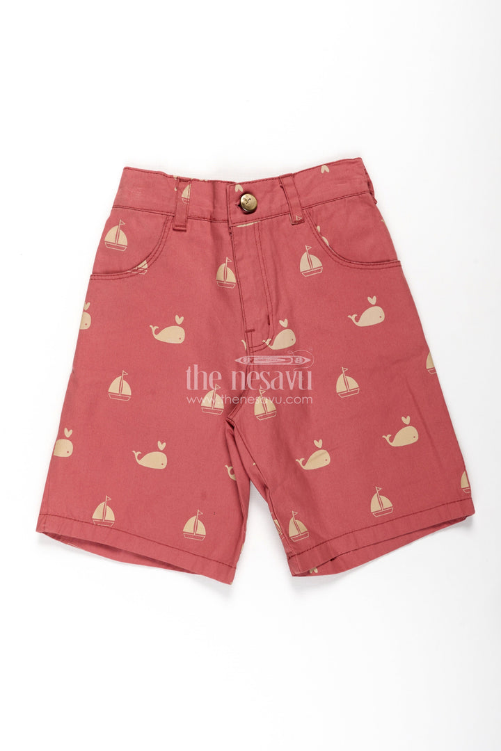 The Nesavu Boys Shorts Casual Cycling Shorts for Boys in Red Cotton with Yellow Whale and Boat Digital Print Nesavu Casual Cycling Shorts Boys Red Cotton Yellow Whale Boat Print | The Nesavu