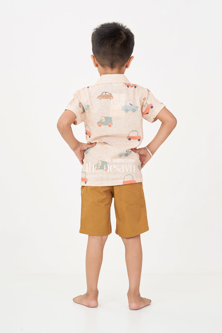 The Nesavu Boys Casual Set Casual Decent Dress for Boys with Car Printed Cotton Shirt and Mustard Shorts for Daywear Nesavu Boys Casual Decent Dress Car Print Shirt Mustard Cotton Shorts | The Nesavu