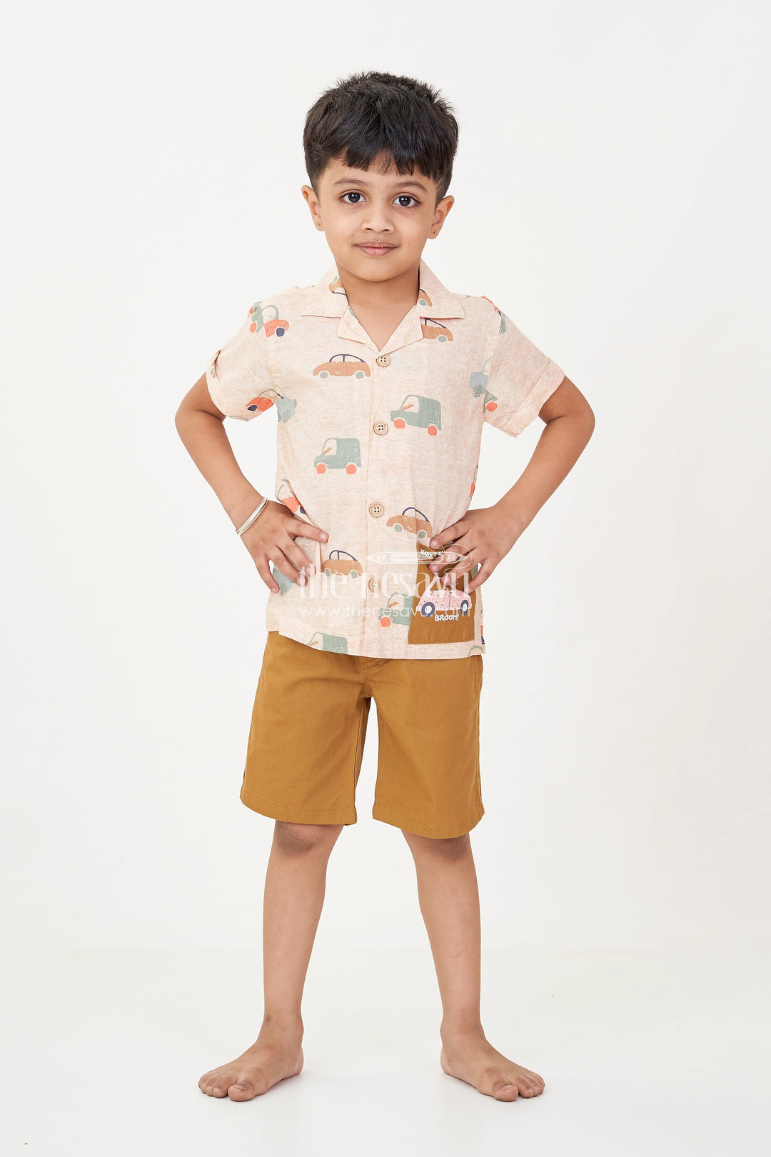 The Nesavu Boys Casual Set Casual Decent Dress for Boys with Car Printed Cotton Shirt and Mustard Shorts for Daywear Nesavu Boys Casual Decent Dress Car Print Shirt Mustard Cotton Shorts | The Nesavu