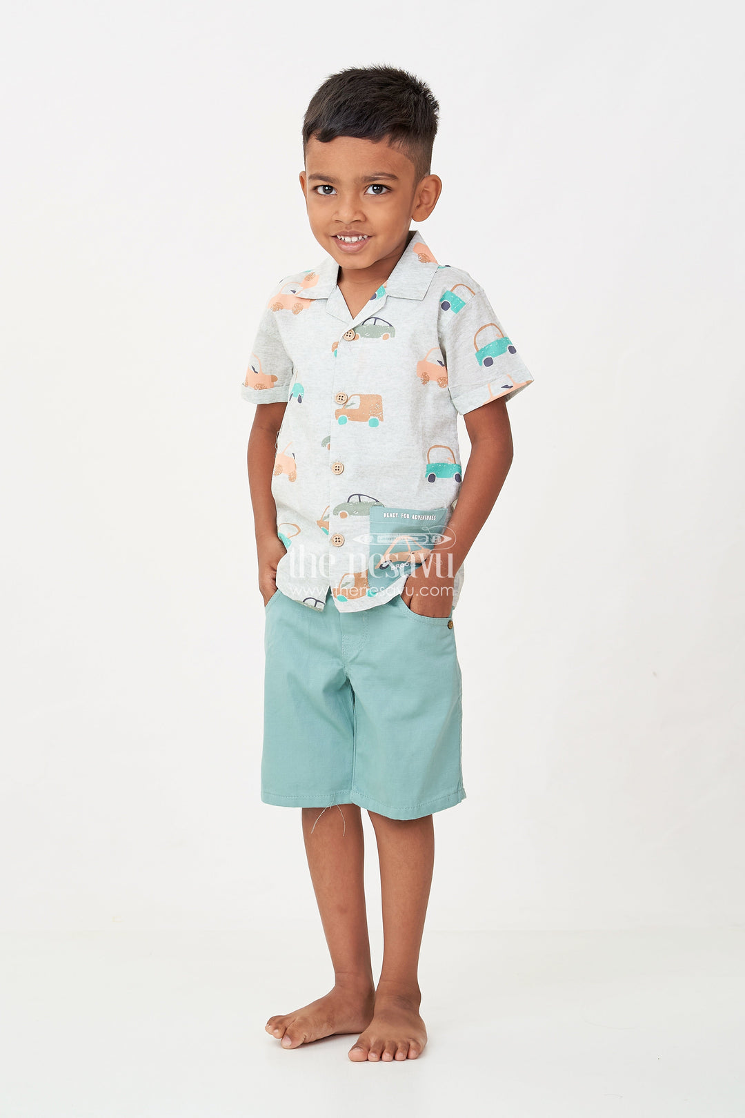 The Nesavu Boys Casual Set Casual Dinner Outfits for Boys with Mint Green Car Printed Shirt and Matching Soft Cotton Shorts Nesavu 20 (3Y) / Green BCS255B-20 Boys Casual Dinner Outfits Car Print Shirt Green Cotton Shorts | The Nesavu