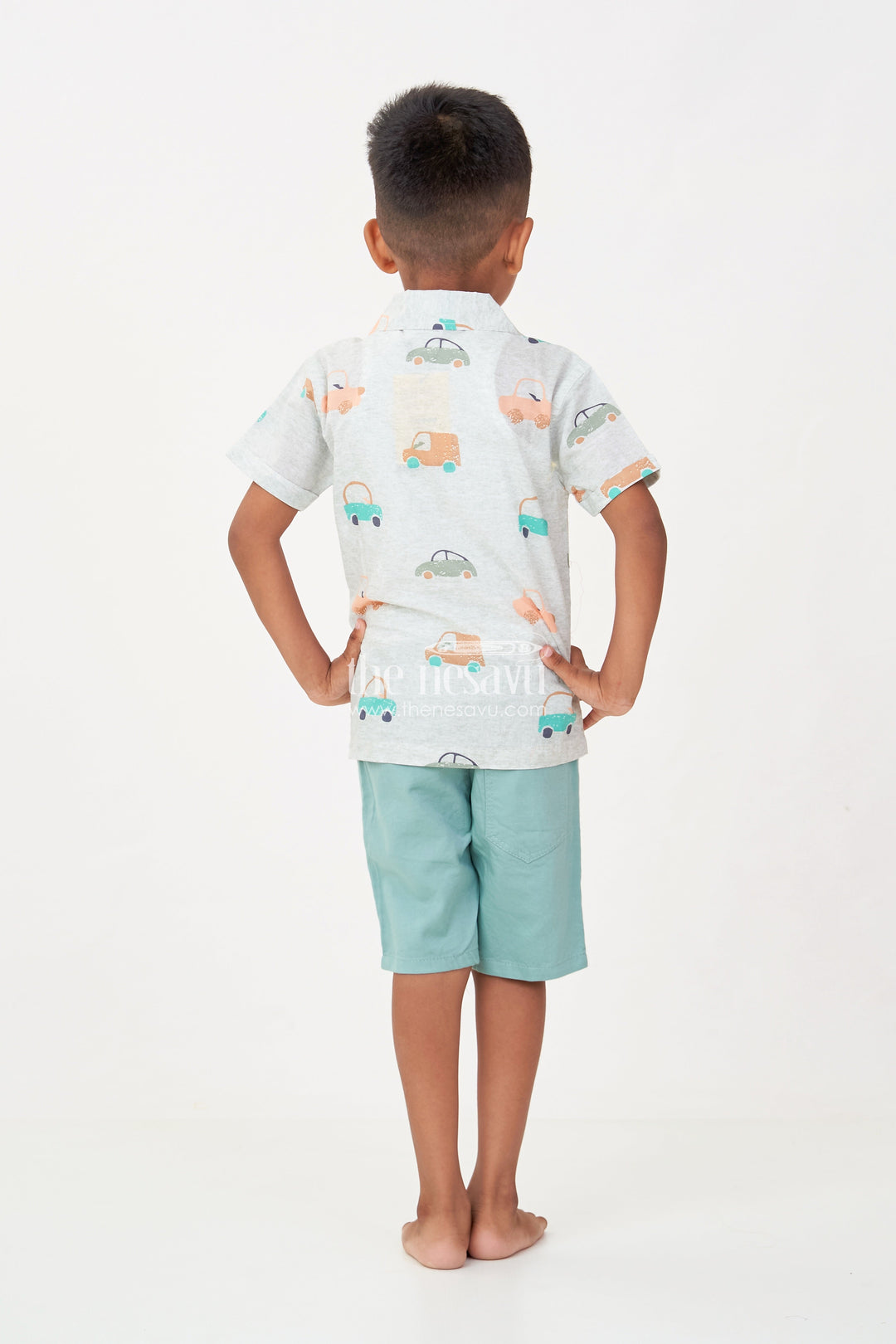 The Nesavu Boys Casual Set Casual Dinner Outfits for Boys with Mint Green Car Printed Shirt and Matching Soft Cotton Shorts Nesavu Boys Casual Dinner Outfits Car Print Shirt Green Cotton Shorts | The Nesavu