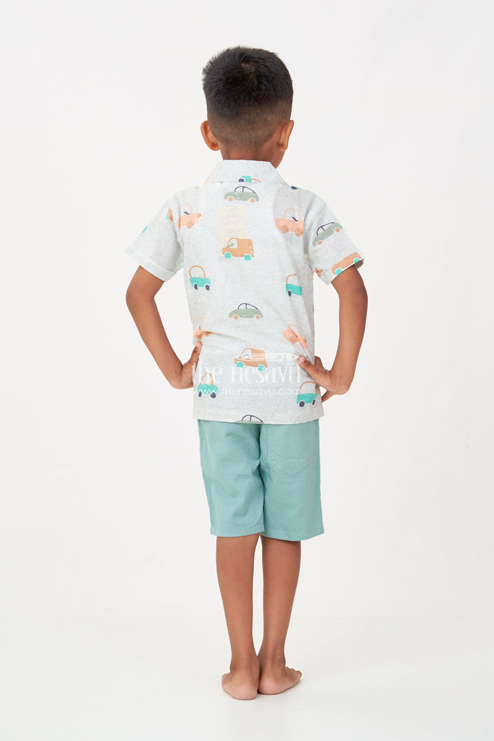 The Nesavu Boys Casual Set Casual Dinner Outfits for Boys with Mint Green Car Printed Shirt and Matching Soft Cotton Shorts Nesavu Boys Casual Dinner Outfits Car Print Shirt Green Cotton Shorts | The Nesavu