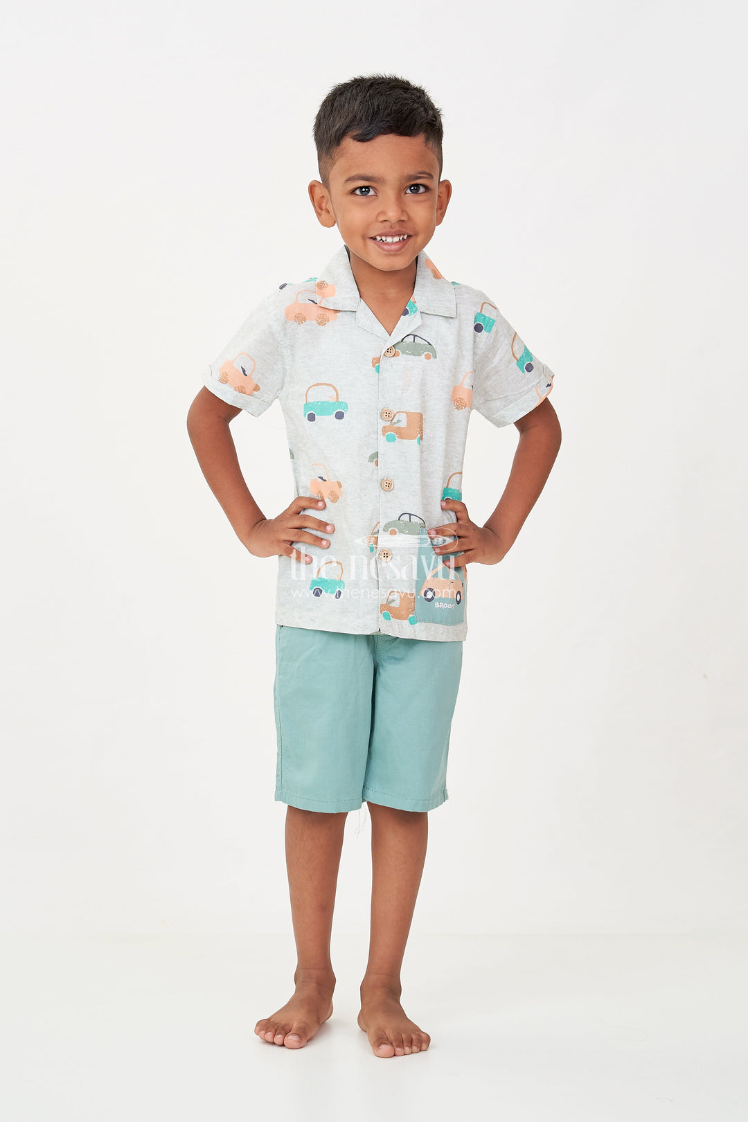 The Nesavu Boys Casual Set Casual Dinner Outfits for Boys with Mint Green Car Printed Shirt and Matching Soft Cotton Shorts Nesavu Boys Casual Dinner Outfits Car Print Shirt Green Cotton Shorts | The Nesavu
