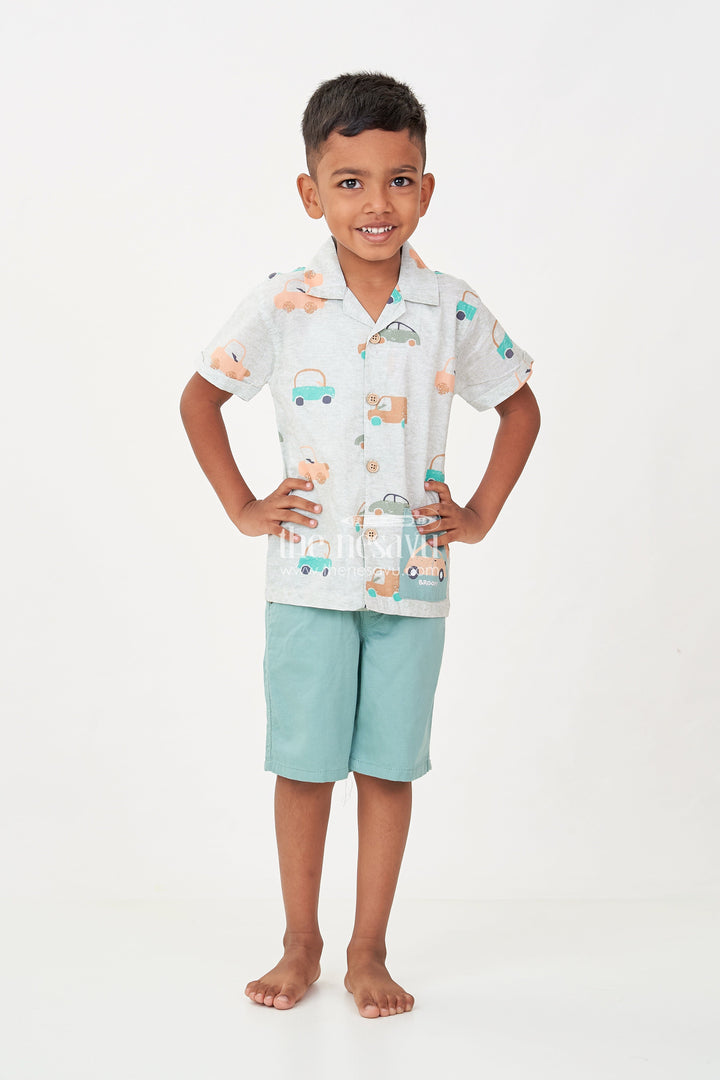 The Nesavu Boys Casual Set Casual Dinner Outfits for Boys with Mint Green Car Printed Shirt and Matching Soft Cotton Shorts Nesavu Boys Casual Dinner Outfits Car Print Shirt Green Cotton Shorts | The Nesavu