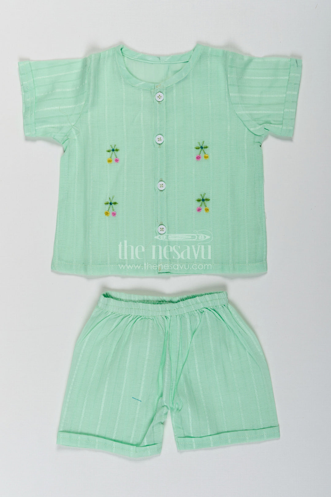 The Nesavu Baby Casual Sets Casual Dress Cute Baby Set in Light Green Cotton with Embroidered Motifs and Coordinated Shorts Nesavu 10 (NB) / Green BCS241B-10 Cute Baby Casual Dress Set Light Green Cotton Embroidery Matching Shorts | The Nesavu