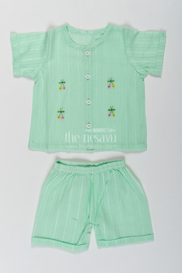 The Nesavu Baby Casual Sets Casual Dress Cute Baby Set in Light Green Cotton with Embroidered Motifs and Coordinated Shorts Nesavu 10 (NB) / Green BCS241B-10 Cute Baby Casual Dress Set Light Green Cotton Embroidery Matching Shorts | The Nesavu