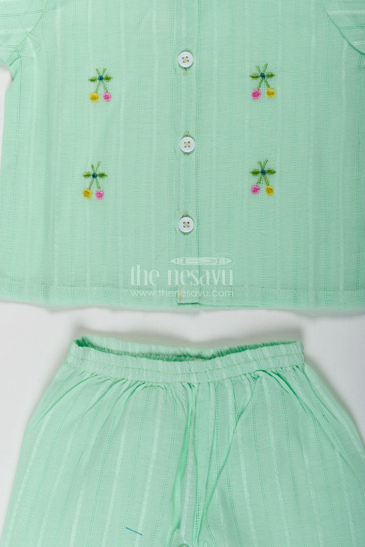 The Nesavu Baby Casual Sets Casual Dress Cute Baby Set in Light Green Cotton with Embroidered Motifs and Coordinated Shorts Nesavu Cute Baby Casual Dress Set Light Green Cotton Embroidery Matching Shorts | The Nesavu