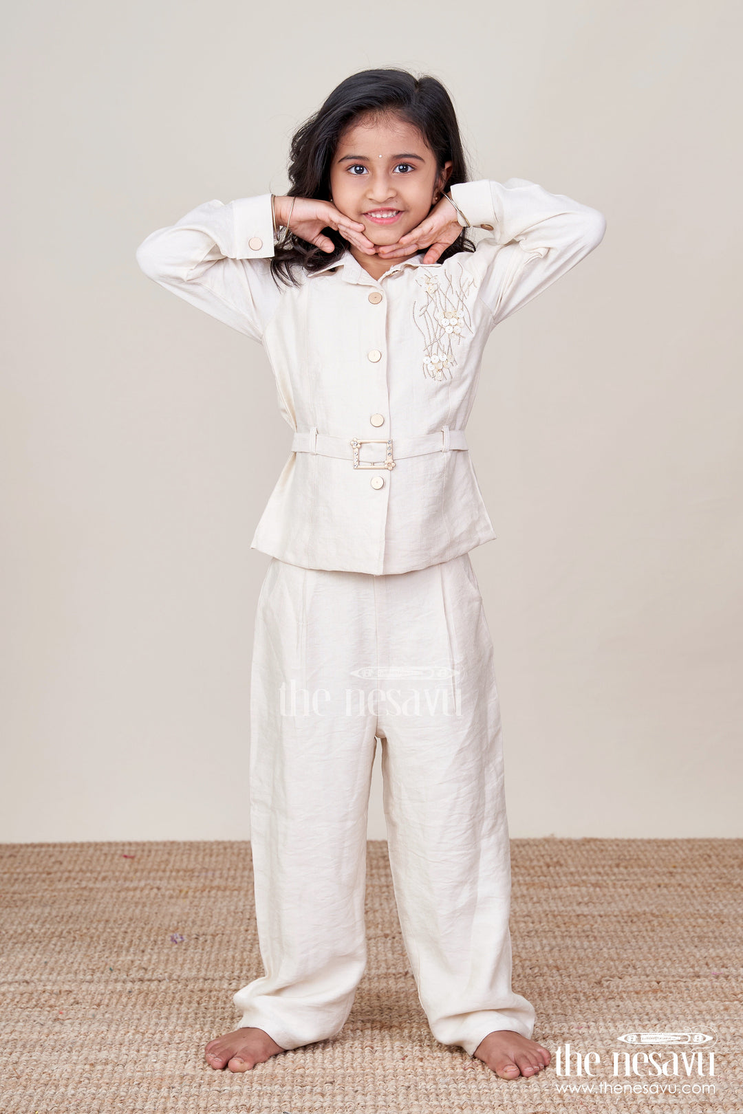 The Nesavu Girls Casual Set Casual Ethnic Wear Set for Girls Kurta and Pant In Soft Georgette Nesavu 24 (5Y) / Cream GPS735B-24 Nesavu casual ethnic set girls georgette kurta pant set daily festive wear