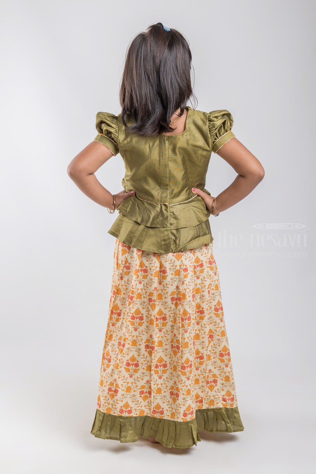 The Nesavu Pattu Pavadai Casual Festive Pattu Pavadai Chattai: South Indian Tradition at Its Best Nesavu Green Floral Printed Pattu Pavadai | Premium Silk Collection | The Nesavu