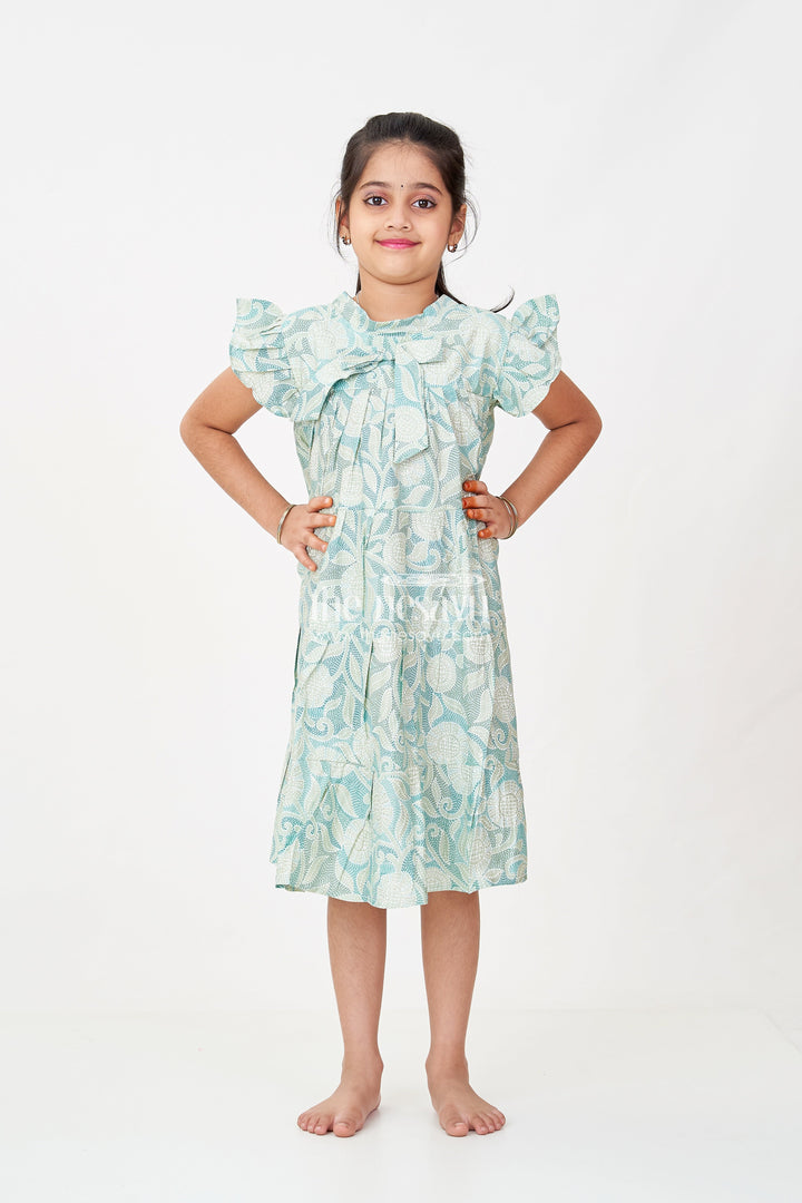 The Nesavu Girls Cotton Frock Casual Frock for Baby Girls in Modal Silk with Kantha Style Stitch Style Digital Print and Flowy Design Nesavu 18 (2Y) / Green GFC1697A-18 Casual Frock Baby Girls Modal Silk with Kantha Style Print Bow Detailing | The Nesavu