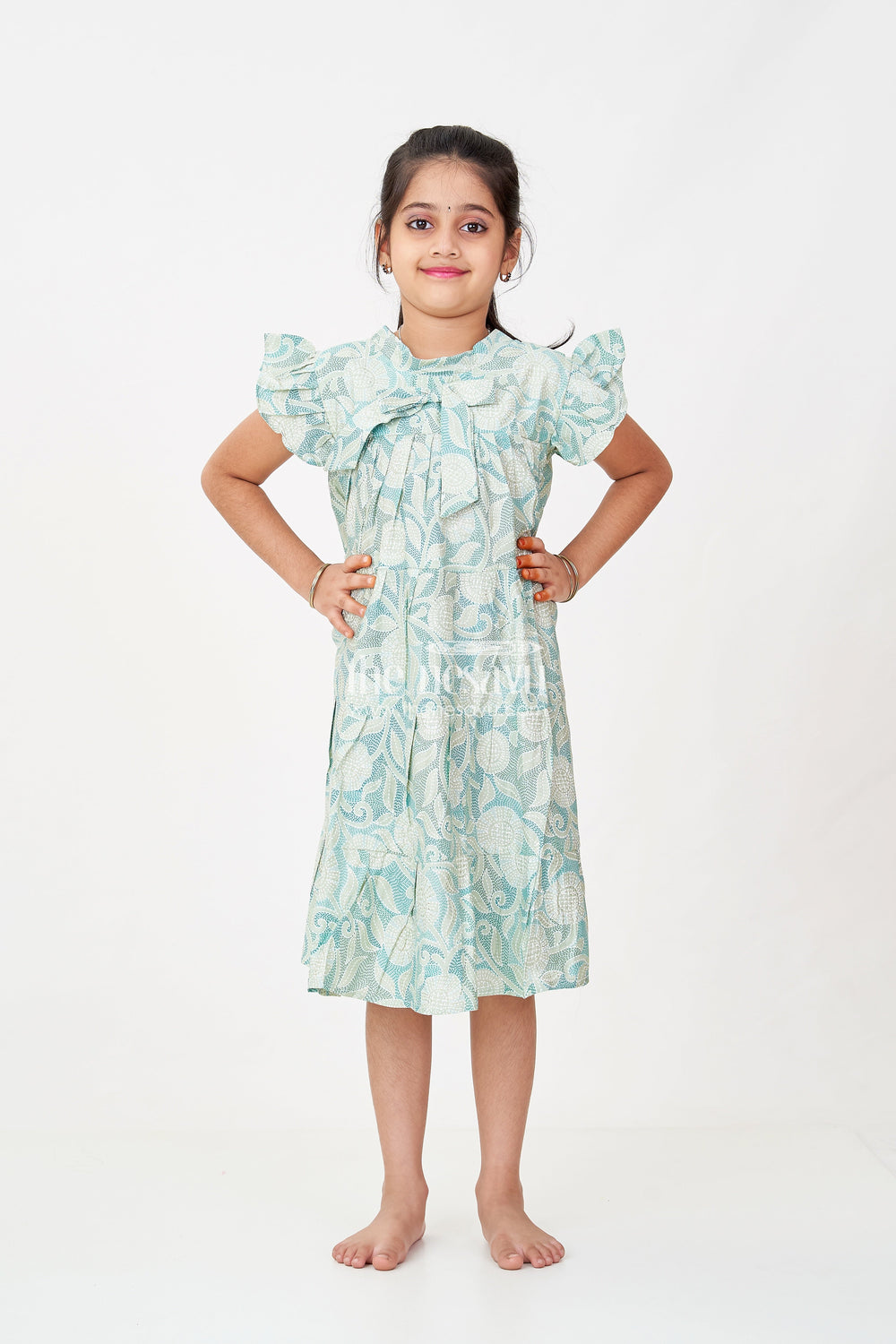 The Nesavu Girls Cotton Frock Casual Frock for Baby Girls in Modal Silk with Kantha Style Stitch Style Digital Print and Flowy Design Nesavu 18 (2Y) / Green GFC1697A-18 Nesavu Casual Frock Baby Girls Modal Silk with Kantha Style Print Bow Detailing