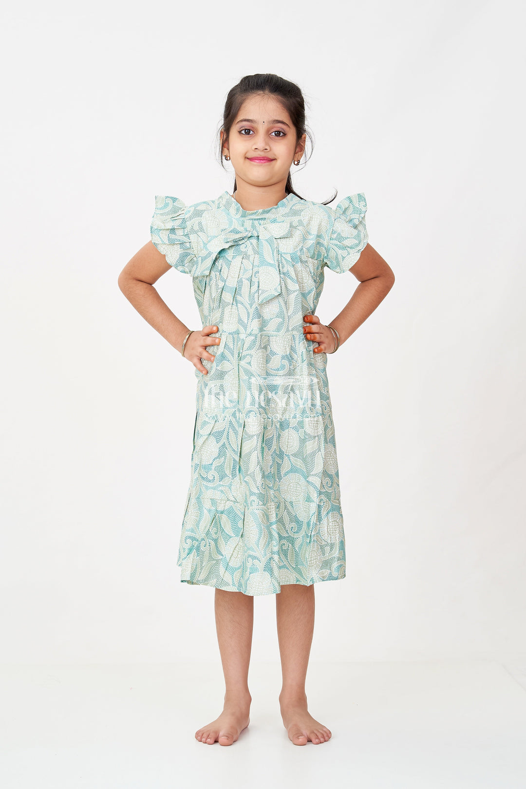 The Nesavu Girls Cotton Frock Casual Frock for Baby Girls in Modal Silk with Kantha Style Stitch Style Digital Print and Flowy Design Nesavu 18 (2Y) / Green GFC1697A-18 Nesavu Casual Frock Baby Girls Modal Silk with Kantha Style Print Bow Detailing