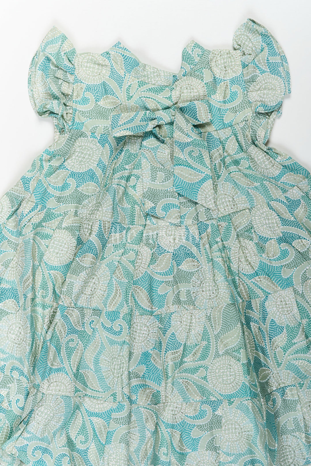 The Nesavu Girls Cotton Frock Casual Frock for Baby Girls in Modal Silk with Kantha Style Stitch Style Digital Print and Flowy Design Nesavu Casual Frock Baby Girls Modal Silk with Kantha Style Print Bow Detailing | The Nesavu