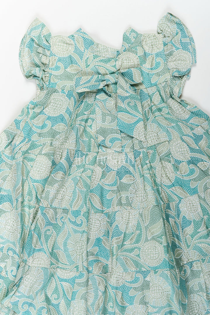 The Nesavu Girls Cotton Frock Casual Frock for Baby Girls in Modal Silk with Kantha Style Stitch Style Digital Print and Flowy Design Nesavu Casual Frock Baby Girls Modal Silk with Kantha Style Print Bow Detailing | The Nesavu