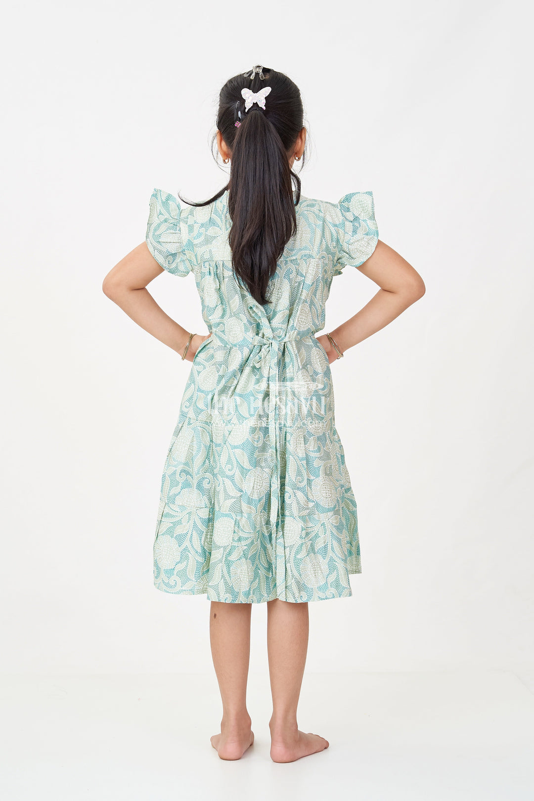 The Nesavu Girls Cotton Frock Casual Frock for Baby Girls in Modal Silk with Kantha Style Stitch Style Digital Print and Flowy Design Nesavu Casual Frock Baby Girls Modal Silk with Kantha Style Print Bow Detailing | The Nesavu