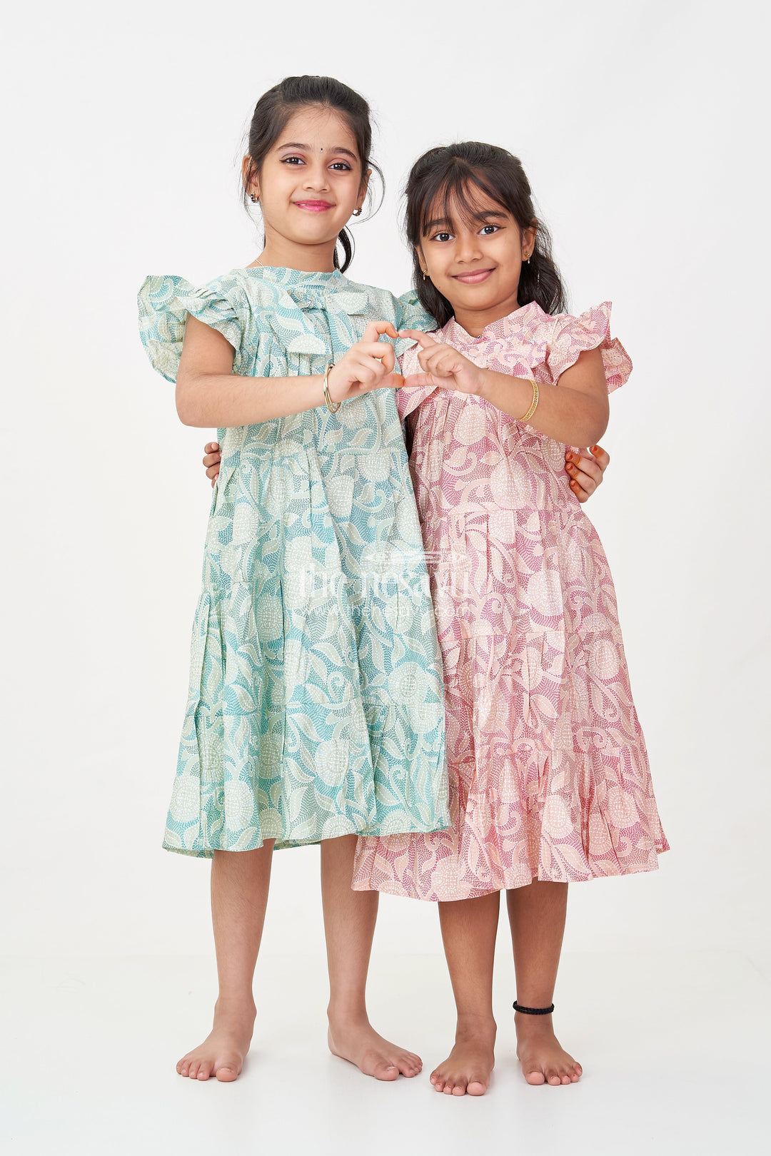 The Nesavu Girls Cotton Frock Casual Frock for Baby Girls in Modal Silk with Kantha Style Stitch Style Digital Print and Flowy Design Nesavu Casual Frock Baby Girls Modal Silk with Kantha Style Print Bow Detailing | The Nesavu