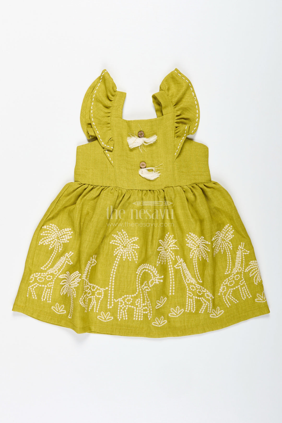 The Nesavu Girls Cotton Frock Casual Frock for Toddler Girls with Animal Embroidery Nesavu 20 (3Y) / Green GFC1855B-20 Nesavu Olive Green Cotton Casual Frock Girls Giraffe Embroidery Lightweight Comfort
