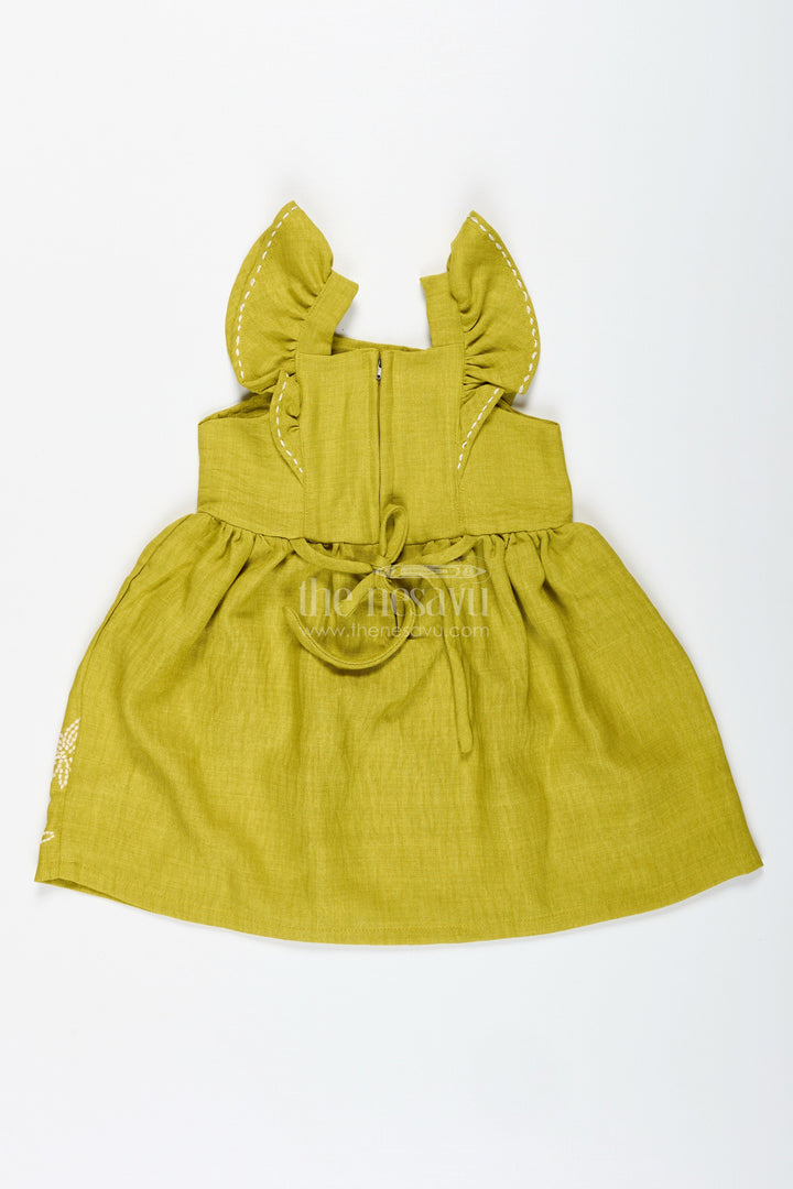 The Nesavu Girls Cotton Frock Casual Frock for Toddler Girls with Animal Embroidery Nesavu Nesavu Olive Green Cotton Casual Frock Girls Giraffe Embroidery Lightweight Comfort