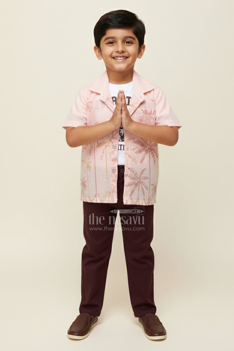 The Nesavu Boys Casual Set Casual Shirt and Pant Set for Toddler Boys for Everyday Outings Nesavu 16 (1Y) / Pink BCS454A-16 Nesavu casual cotton shirt pant set toddler boys embroidery layered tee
