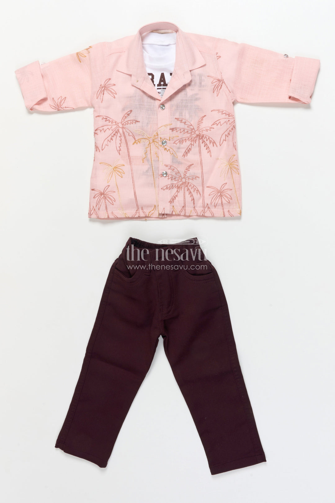 The Nesavu Boys Casual Set Casual Shirt and Pant Set for Toddler Boys for Everyday Outings Nesavu Nesavu casual cotton shirt pant set toddler boys embroidery layered tee