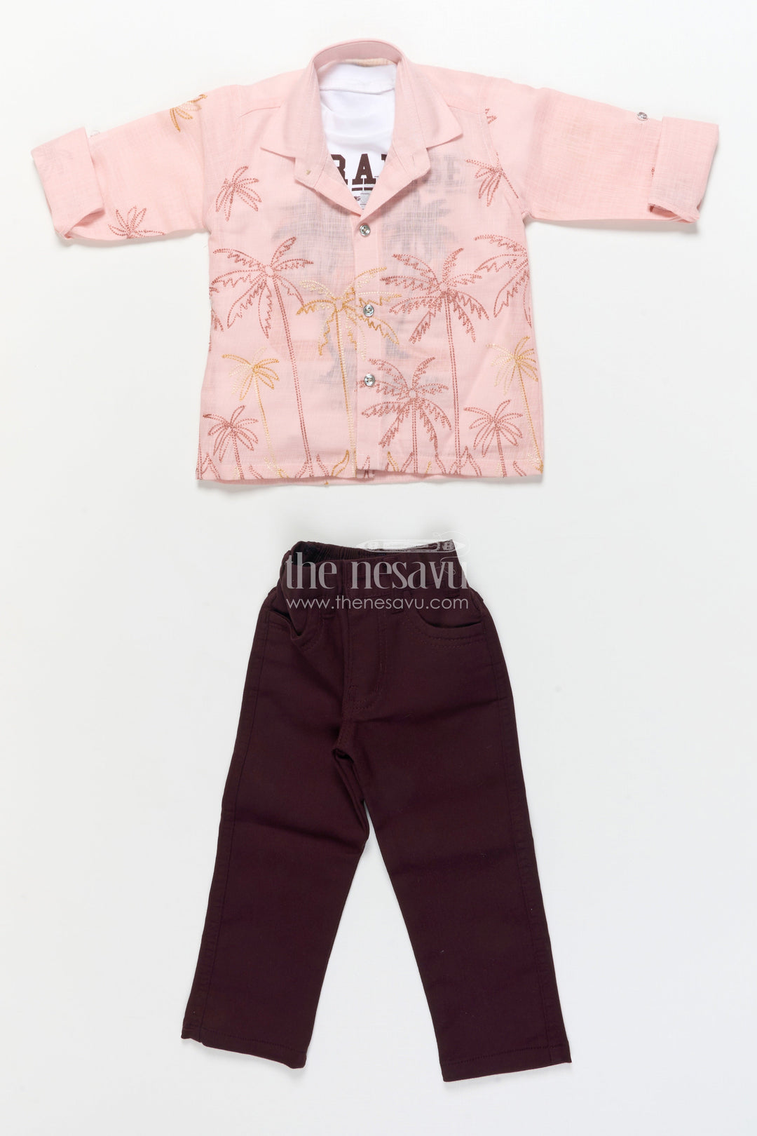 The Nesavu Boys Casual Set Casual Shirt and Pant Set for Toddler Boys for Everyday Outings Nesavu Nesavu casual cotton shirt pant set toddler boys embroidery layered tee