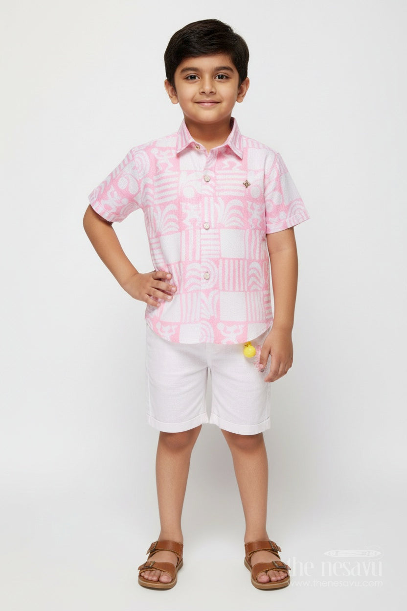 The Nesavu Boys Casual Set Casual Shirt and Shorts Set for Boys Everyday Summer Wear Nesavu 12 (3M) / Peach BCS327A-12 Nesavu Boys Cotton Casual Shirt Shorts Digital Wave Print Everyday Comfort