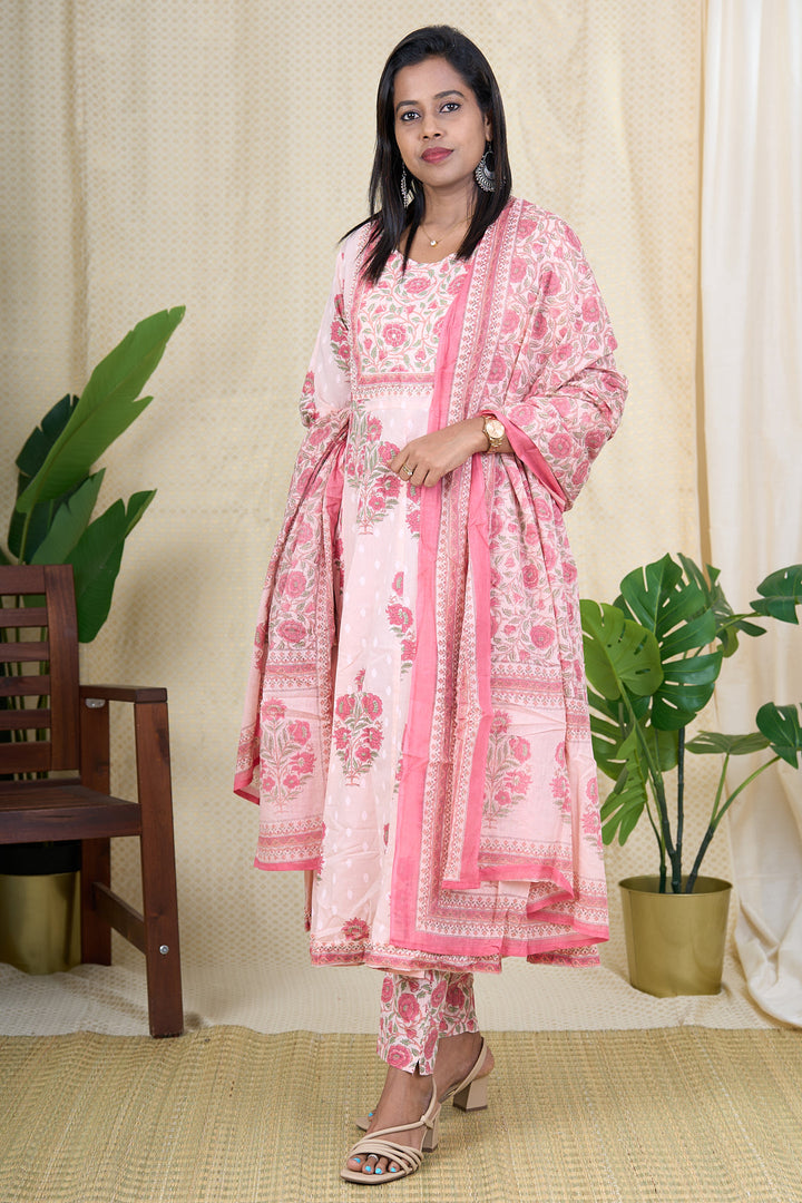 The Nesavu Womens Flared Suit Sets Casual Summer Wear Soft Cotton Anarkali Kurta Set with Mul Dupatta Nesavu 38 (M) / Pink / Cotton WTH016A-38 Casual Summer Wear Cotton Anarkali Kurta Set with Mul Dupatta