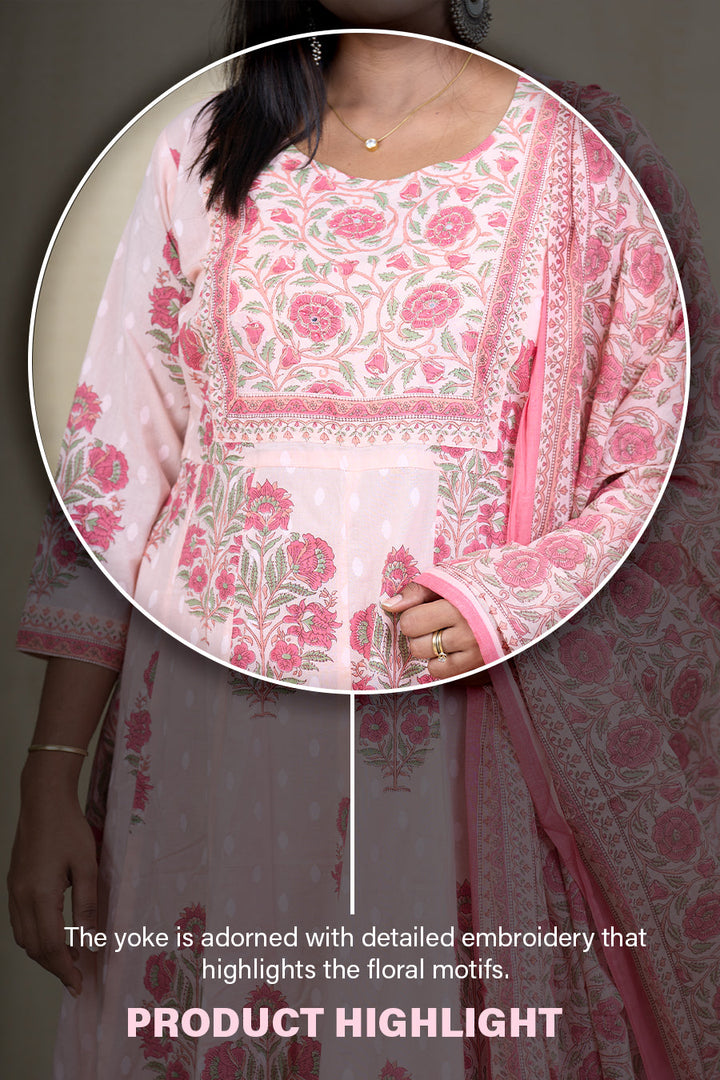 The Nesavu Womens Flared Suit Sets Casual Summer Wear Soft Cotton Anarkali Kurta Set with Mul Dupatta Nesavu Casual Summer Wear Cotton Anarkali Kurta Set with Mul Dupatta | The Nesavu