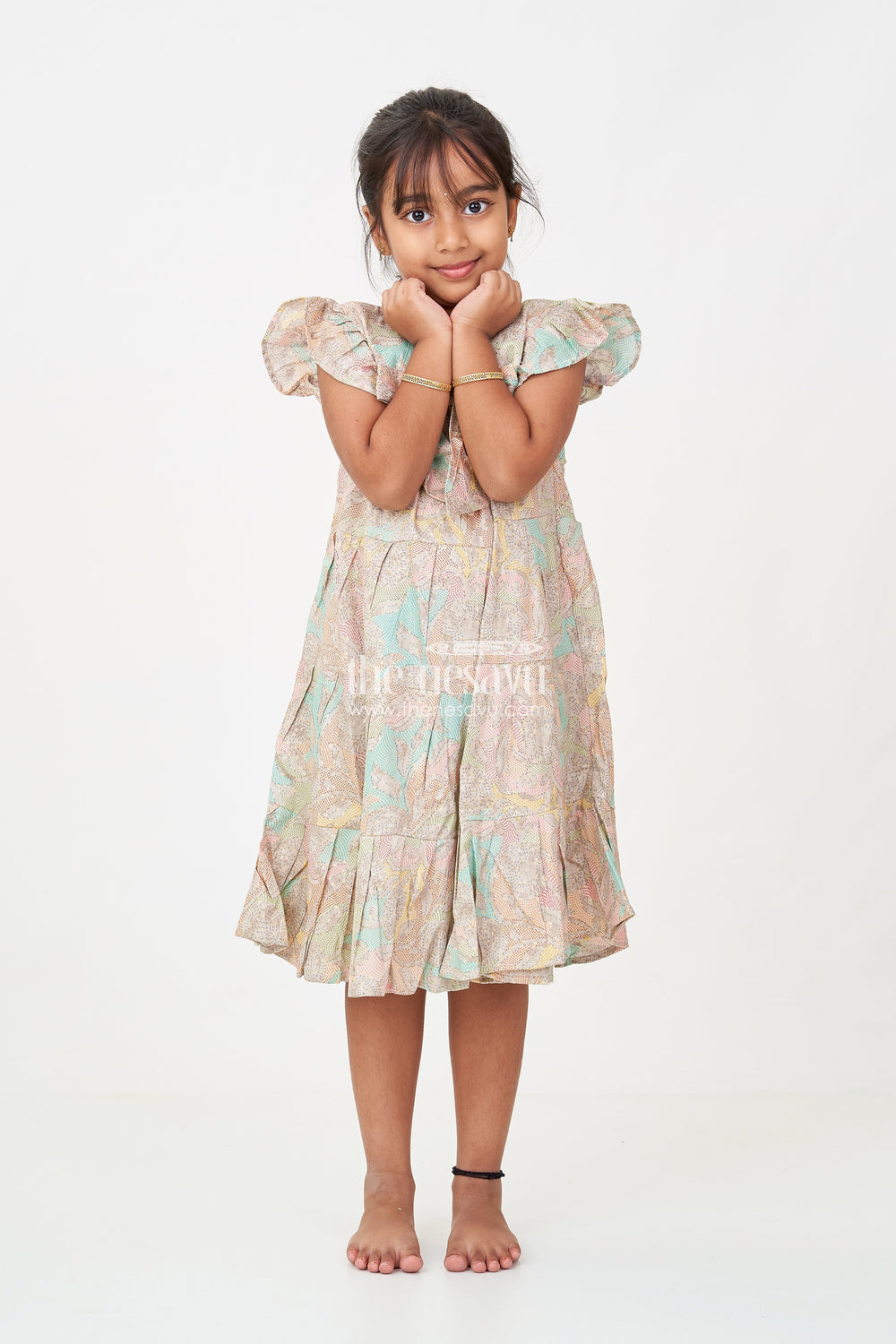 The Nesavu Girls Cotton Frock Casual Wear Frocks for Girls in Cotton with Kantha Stitch Styled Print and Tiered Design Nesavu 18 (2Y) / Beige GFC1699A-18 Nesavu Casual Wear Frocks Girls Cotton Kantha Stitch Digital Print Bow Detail