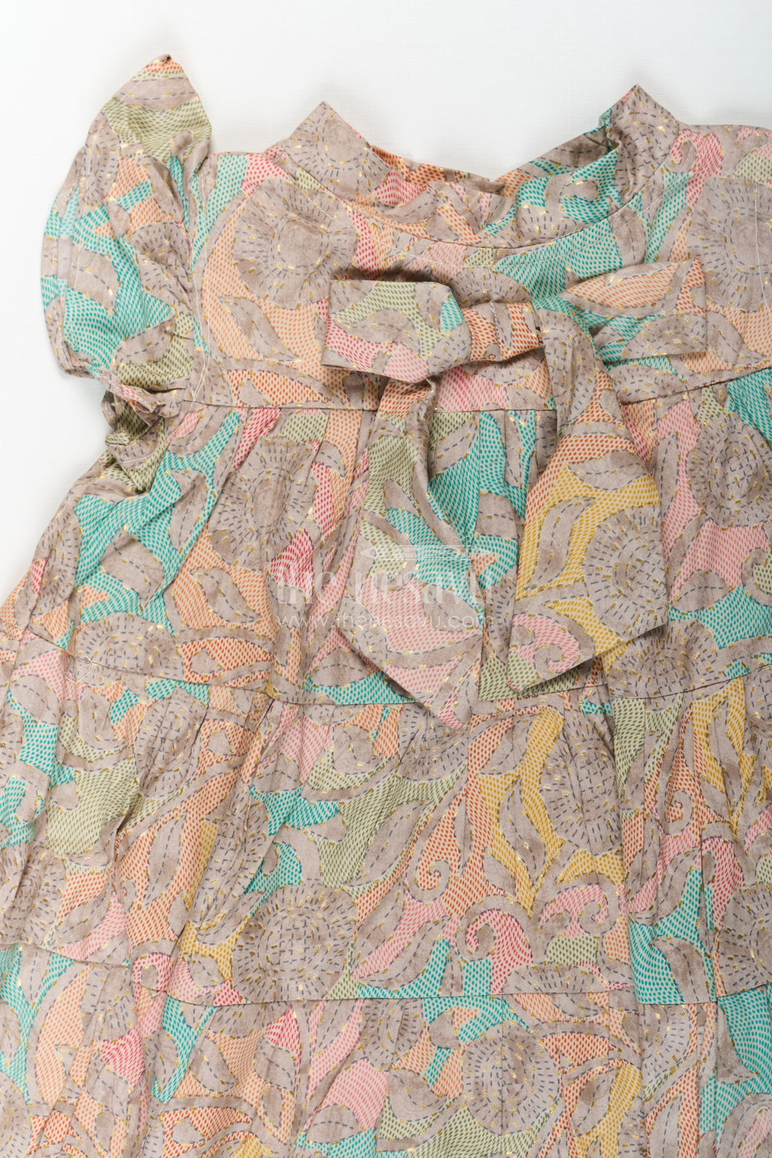 The Nesavu Girls Cotton Frock Casual Wear Frocks for Girls in Cotton with Kantha Stitch Styled Print and Tiered Design Nesavu Casual Wear Frocks Girls Cotton Kantha Stitch Digital Print Bow Detail | The Nesavu