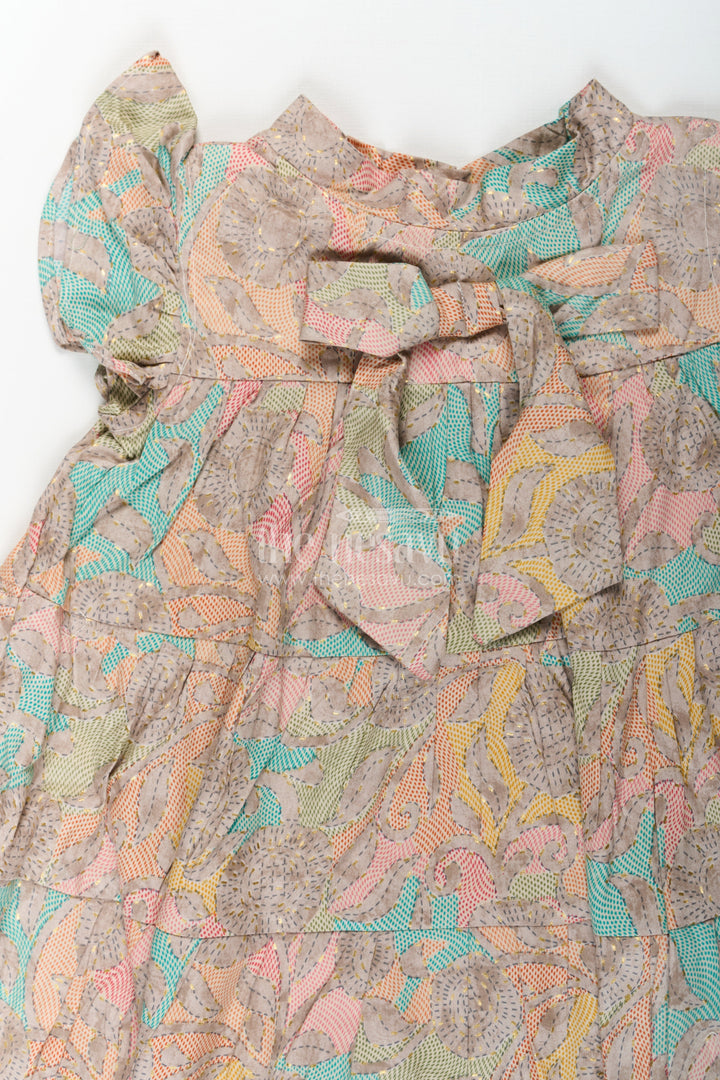 The Nesavu Girls Cotton Frock Casual Wear Frocks for Girls in Cotton with Kantha Stitch Styled Print and Tiered Design Nesavu Casual Wear Frocks Girls Cotton Kantha Stitch Digital Print Bow Detail | The Nesavu