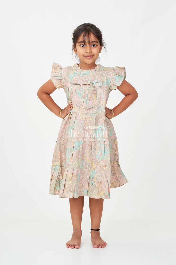 The Nesavu Girls Cotton Frock Casual Wear Frocks for Girls in Cotton with Kantha Stitch Styled Print and Tiered Design Nesavu Casual Wear Frocks Girls Cotton Kantha Stitch Digital Print Bow Detail | The Nesavu