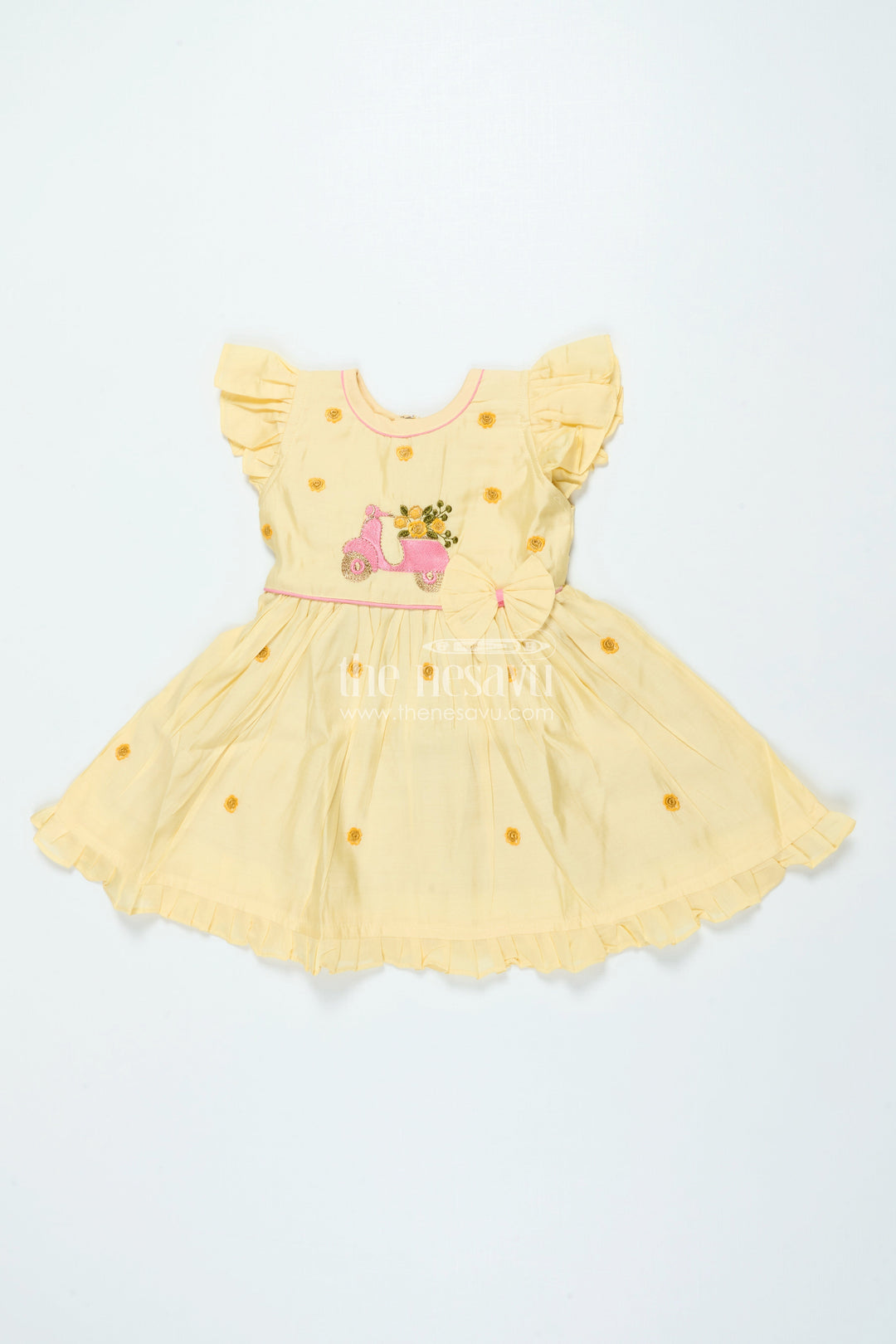 The Nesavu Girls Chanderi Frock Chanderi Cotton Frock for Baby Girls for Birthdays and Casual Festive Days Nesavu 16 (1Y) / Yellow GFC1999A-16 Nesavu chanderi frock baby girls embroidery scooter motif birthdays outings