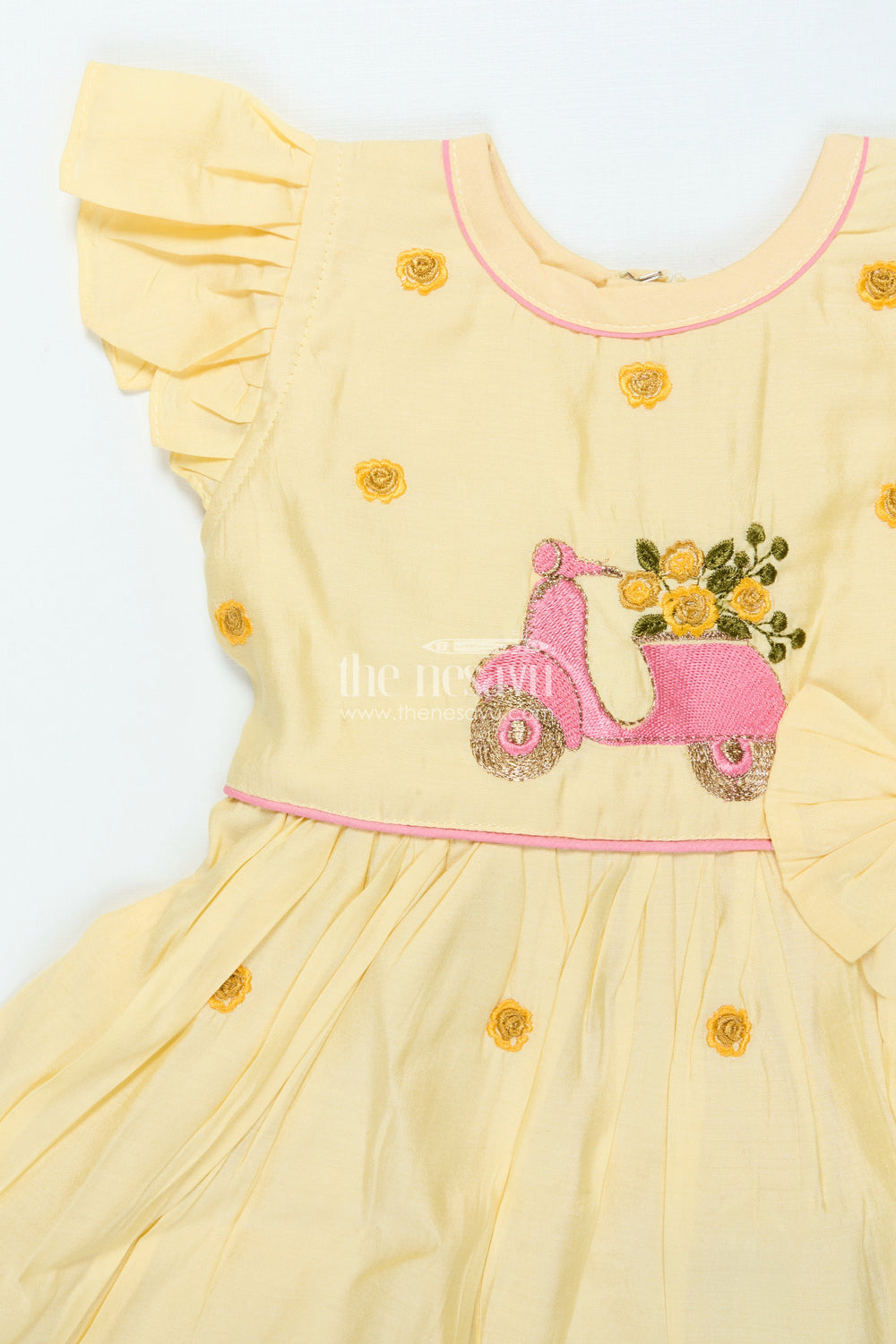 The Nesavu Girls Chanderi Frock Chanderi Cotton Frock for Baby Girls for Birthdays and Casual Festive Days Nesavu Nesavu chanderi frock baby girls embroidery scooter motif birthdays outings