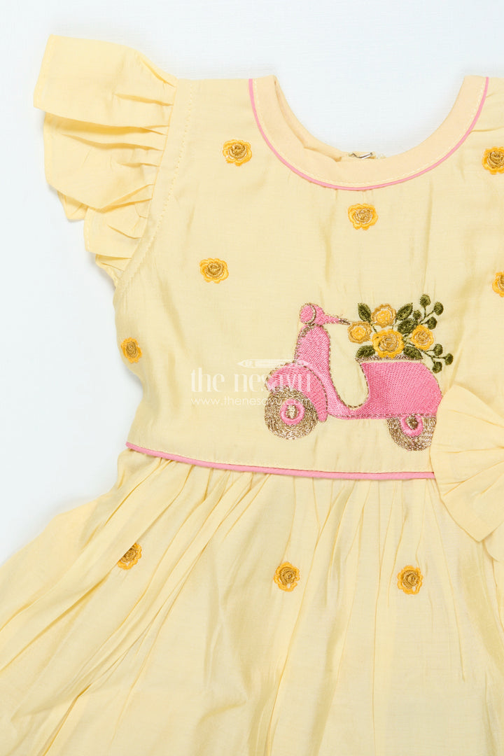 The Nesavu Girls Chanderi Frock Chanderi Cotton Frock for Baby Girls for Birthdays and Casual Festive Days Nesavu Nesavu chanderi frock baby girls embroidery scooter motif birthdays outings