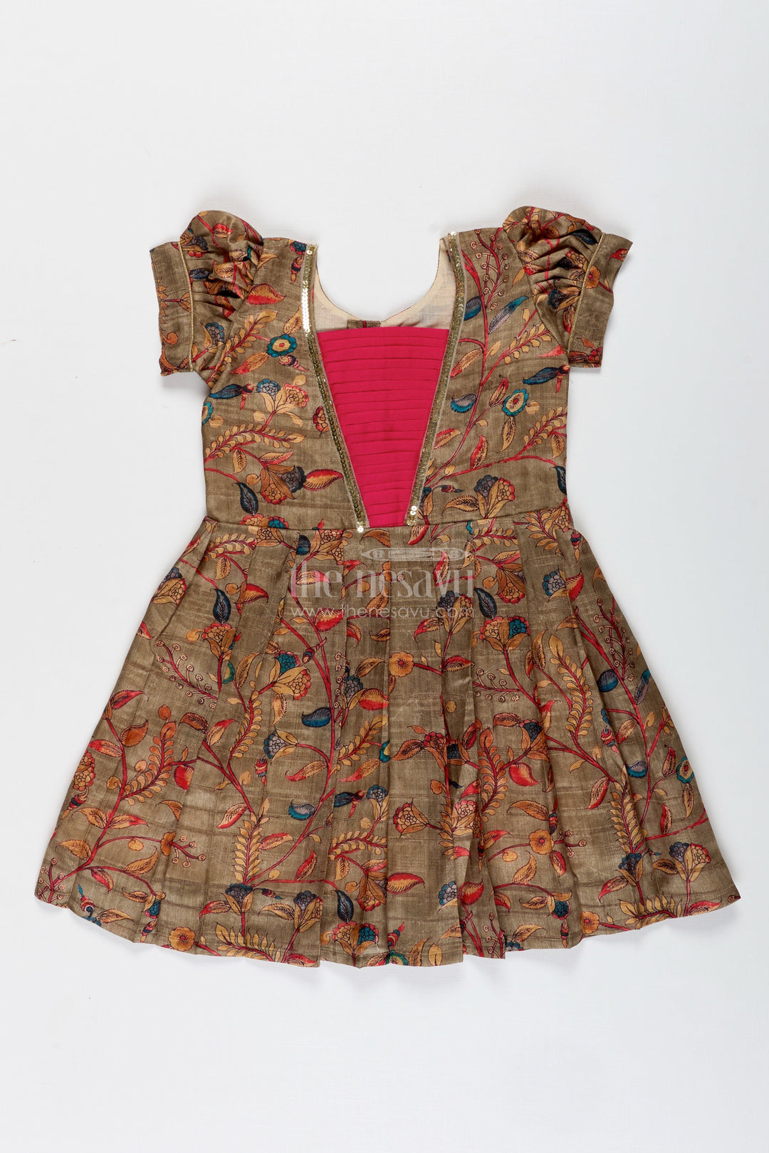 The Nesavu Silk Frock Chanderi Cotton Frock for Girls with Floral Print Festive Ethnic Outfit Nesavu 18 (2Y) / Multicolor SF1034A-18 Nesavu Girls Chanderi Cotton Floral Frock Ethnic Printed Dress With Pink Yoke For Festive Wear