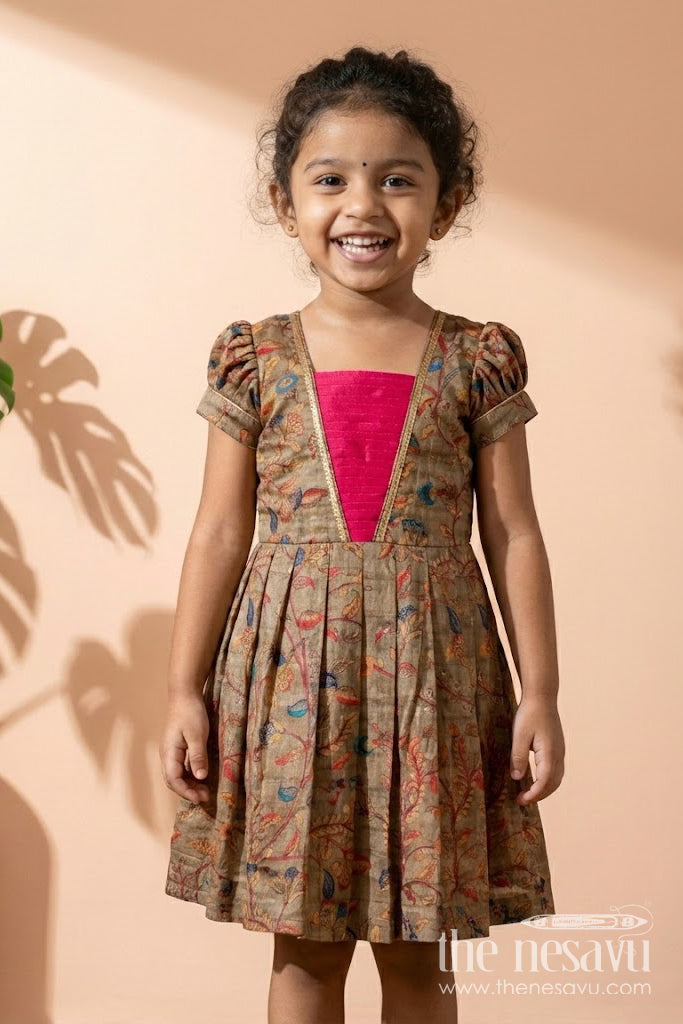 The Nesavu Silk Frock Chanderi Cotton Frock for Girls with Floral Print Festive Ethnic Outfit Nesavu 18 (2Y) / Multicolor SF1034A-18 Nesavu Girls Chanderi Cotton Floral Frock Ethnic Printed Dress With Pink Yoke For Festive Wear