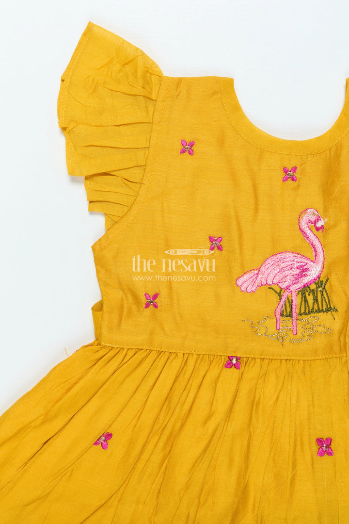 The Nesavu Girls Chanderi Frock Chanderi Embroidered Frock for Baby Girls for Festive Celebrations and Rituals Nesavu Nesavu chanderi cotton frock flamingo embroidery baby girls poojas festivals