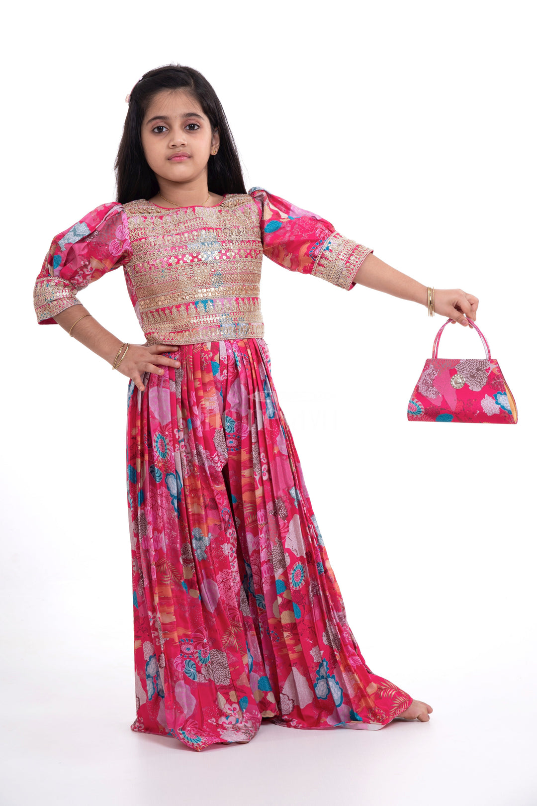 The Nesavu Girls Sharara / Plazo Set Chaniya Choli Suit - Traditional Festive Wear for Girls Nesavu Chaniya Choli Suit for Girls - Festive Wear with Floral Print