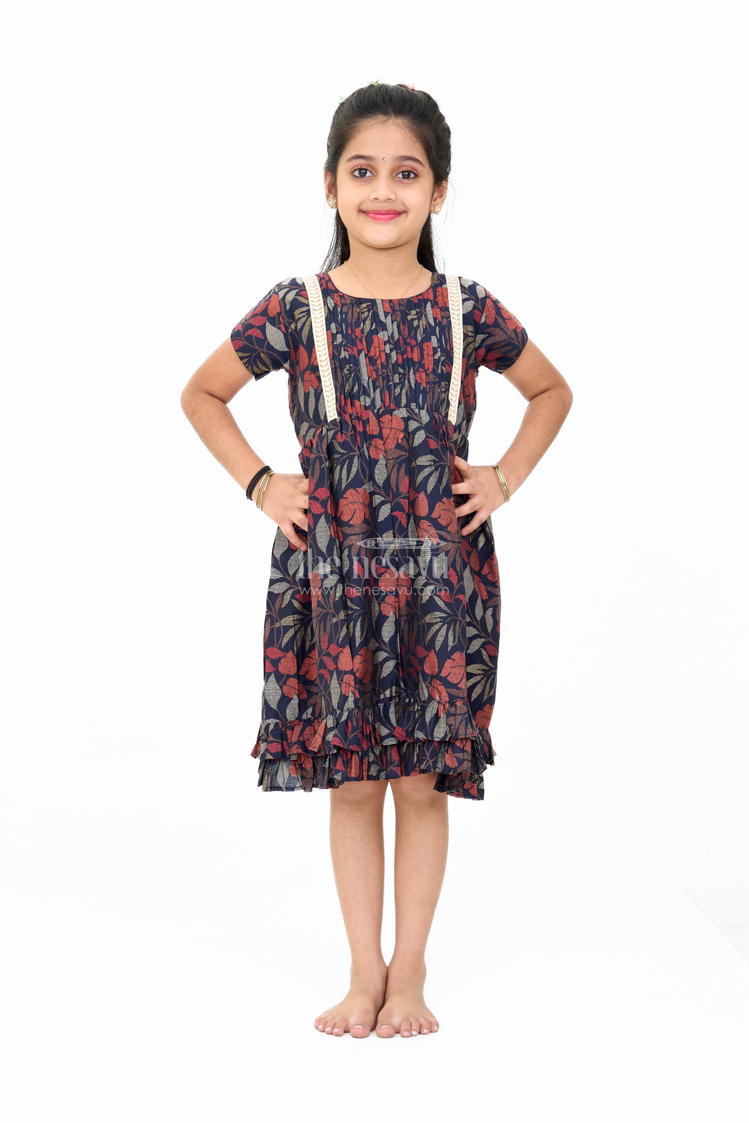 The Nesavu Girls Cotton Frock Charming Black Cotton Party Frock for Girls with Elegant Leaf Print and Frill Hem Nesavu 16 (1Y) / Black GFC1598A-16 Charming Black Cotton Party Frock Girls Elegant Leaf Print Frill Hem | The Nesavu