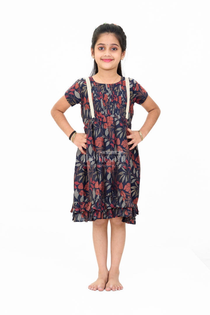 The Nesavu Girls Cotton Frock Charming Black Cotton Party Frock for Girls with Elegant Leaf Print and Frill Hem Nesavu 16 (1Y) / Black GFC1598A-16 Charming Black Cotton Party Frock Girls Elegant Leaf Print Frill Hem | The Nesavu
