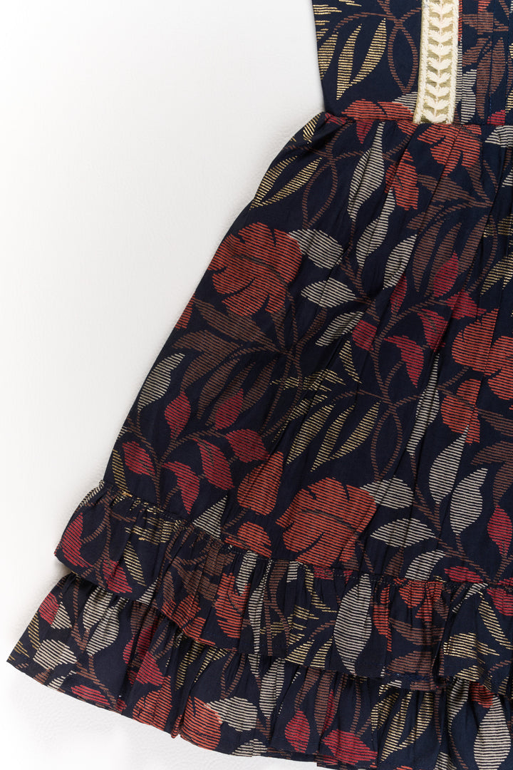 The Nesavu Girls Cotton Frock Charming Black Cotton Party Frock for Girls with Elegant Leaf Print and Frill Hem Nesavu Charming Black Cotton Party Frock Girls Elegant Leaf Print Frill Hem | The Nesavu