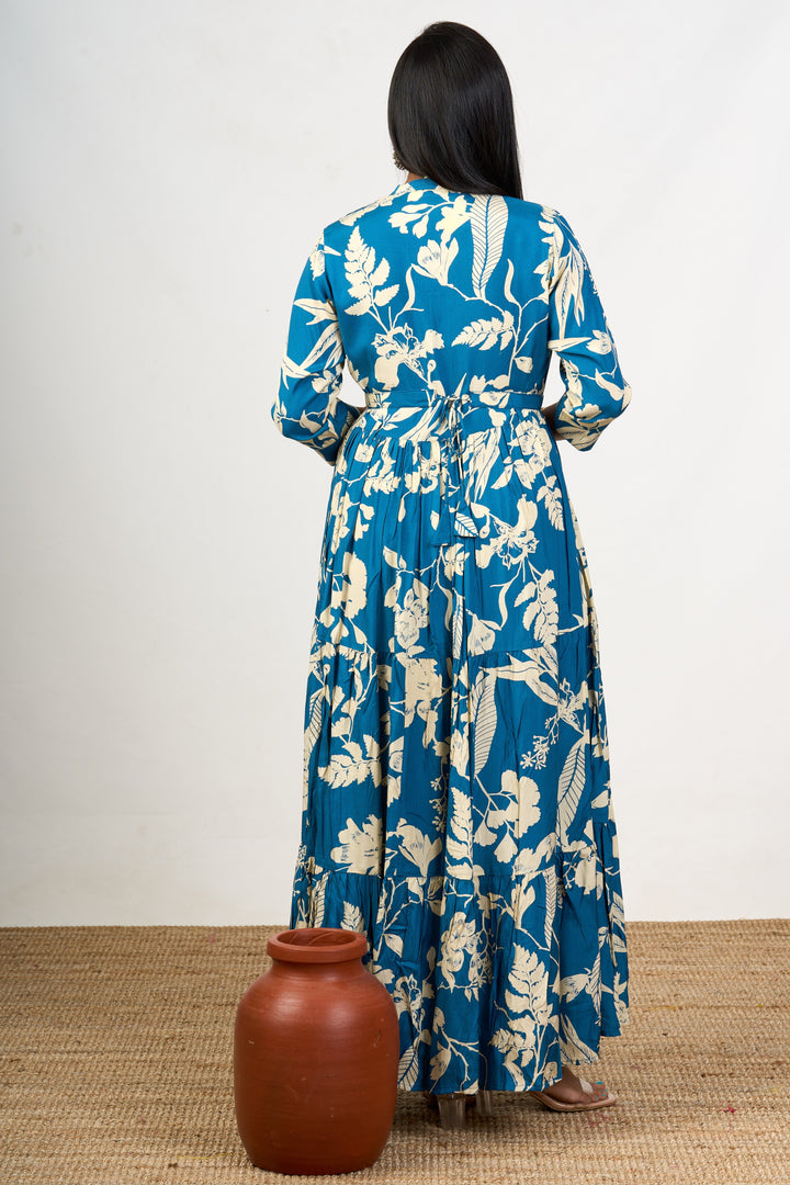 The Nesavu Womens Flared Kurthas Charming Blue Birthday Dress for Women in Crepe with Elegant Floral Patterns Nesavu Blue Birthday Dress Women Crepe Floral Patterns | The Nesavu