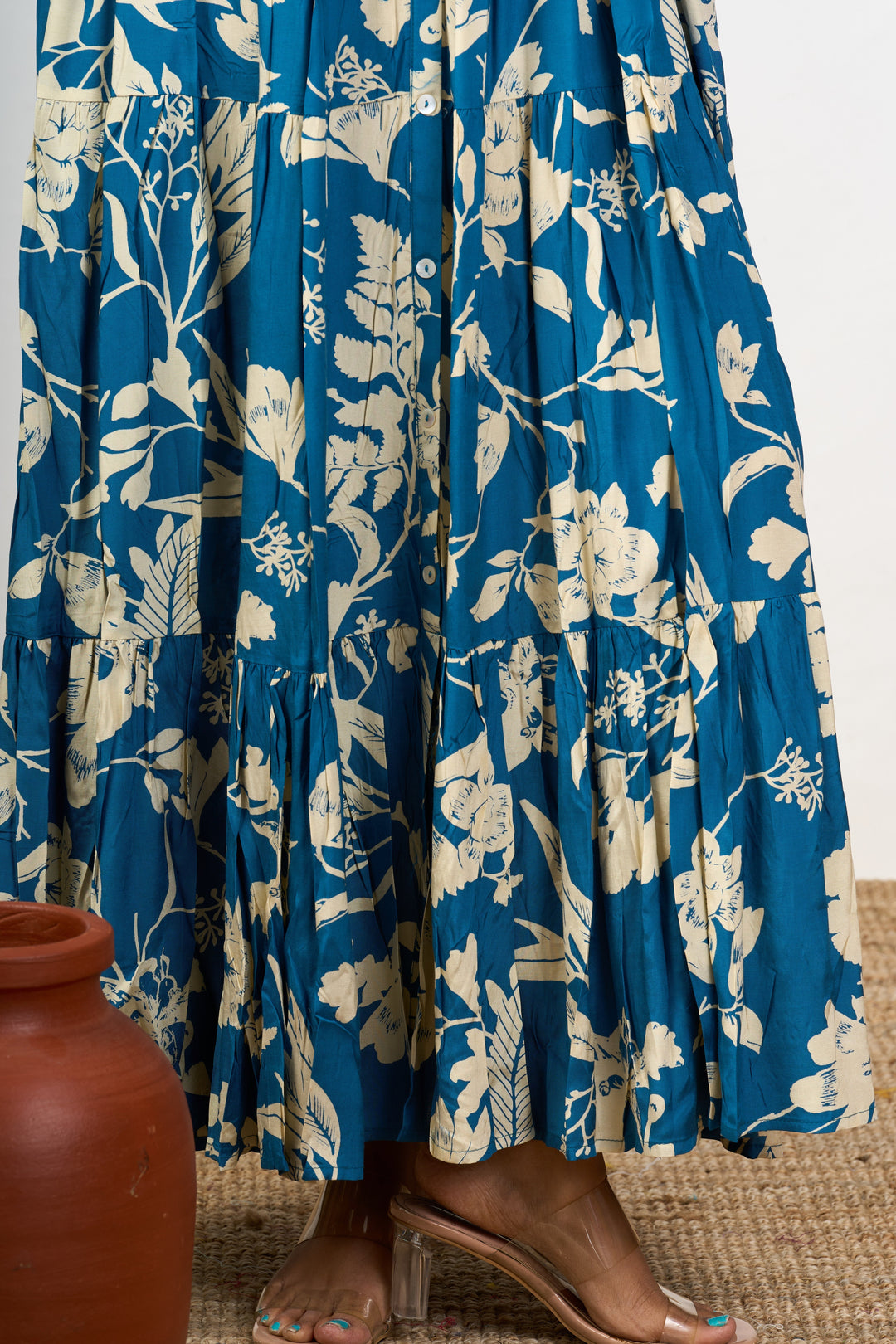 The Nesavu Womens Flared Kurthas Charming Blue Birthday Dress for Women in Crepe with Elegant Floral Patterns Nesavu Blue Birthday Dress Women Crepe Floral Patterns | The Nesavu