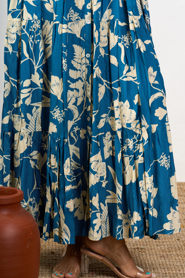 The Nesavu Womens Flared Kurthas Charming Blue Birthday Dress for Women in Crepe with Elegant Floral Patterns Nesavu Blue Birthday Dress Women Crepe Floral Patterns | The Nesavu