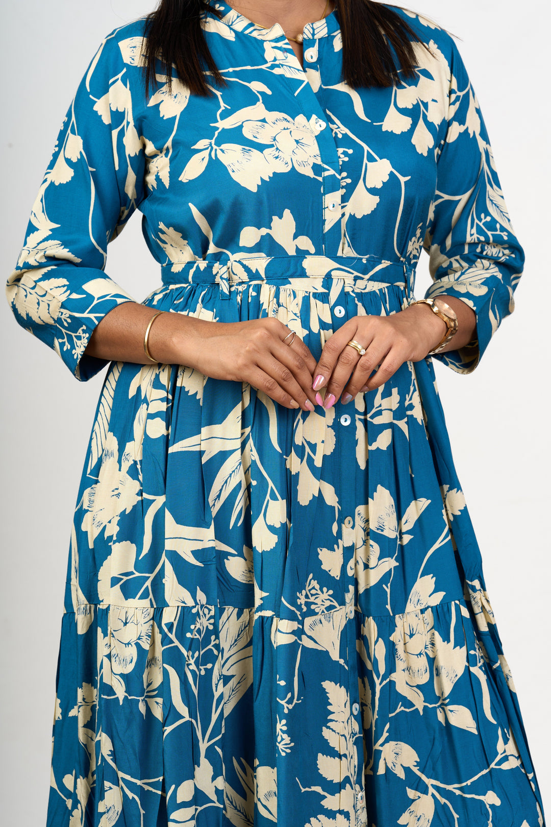 The Nesavu Womens Flared Kurthas Charming Blue Birthday Dress for Women in Crepe with Elegant Floral Patterns Nesavu Blue Birthday Dress Women Crepe Floral Patterns | The Nesavu