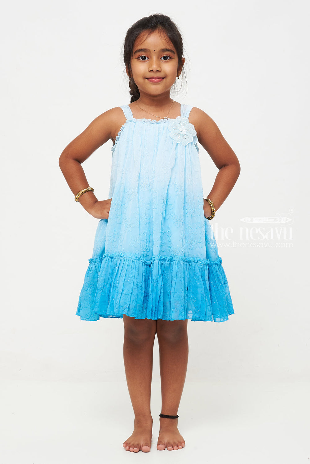 The Nesavu Girls Cotton Frock Charming Blue Ombre Floral Dress for Girls Nesavu Charming Blue Ombre Floral Dress for Girls - Adorable & Comfortable