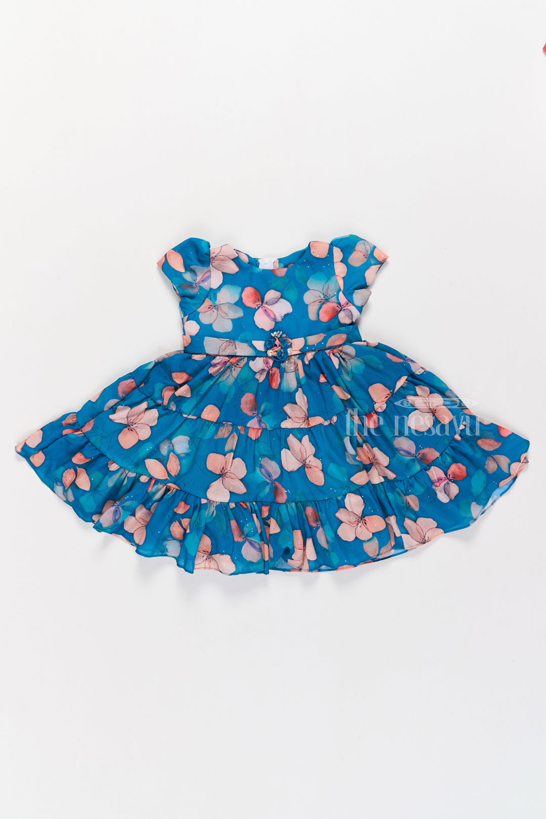 The Nesavu Girls Fancy Frock Charming Blue Princess Dress for Girls with Butterfly Floral Print Nesavu 18 (2Y) / Blue GFC1506A-18 Blue Princess Dress Girls Butterfly Floral Print | The Nesavu