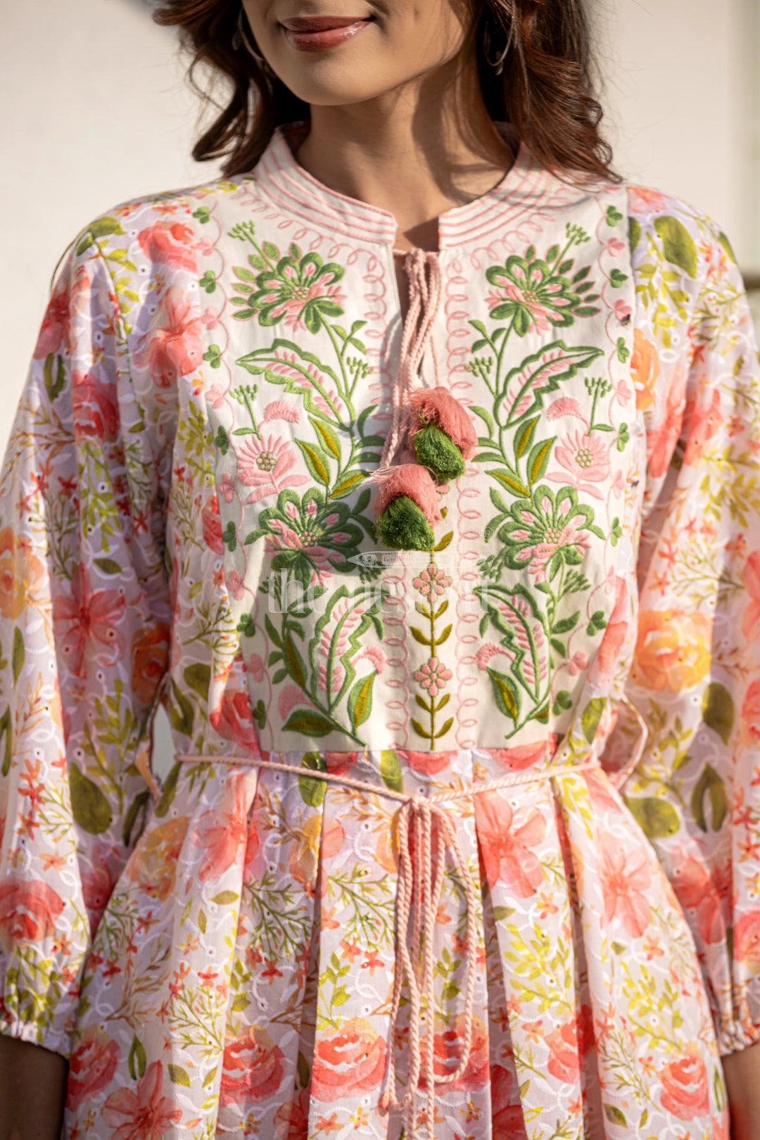 The Nesavu Womens Flared Kurthas Charming Cotton Birthday Party Wear for Ladies with Floral Print and Belted Waist Nesavu Cotton Birthday Party Wear Ladies Floral Print A-Line Design | The Nesavu