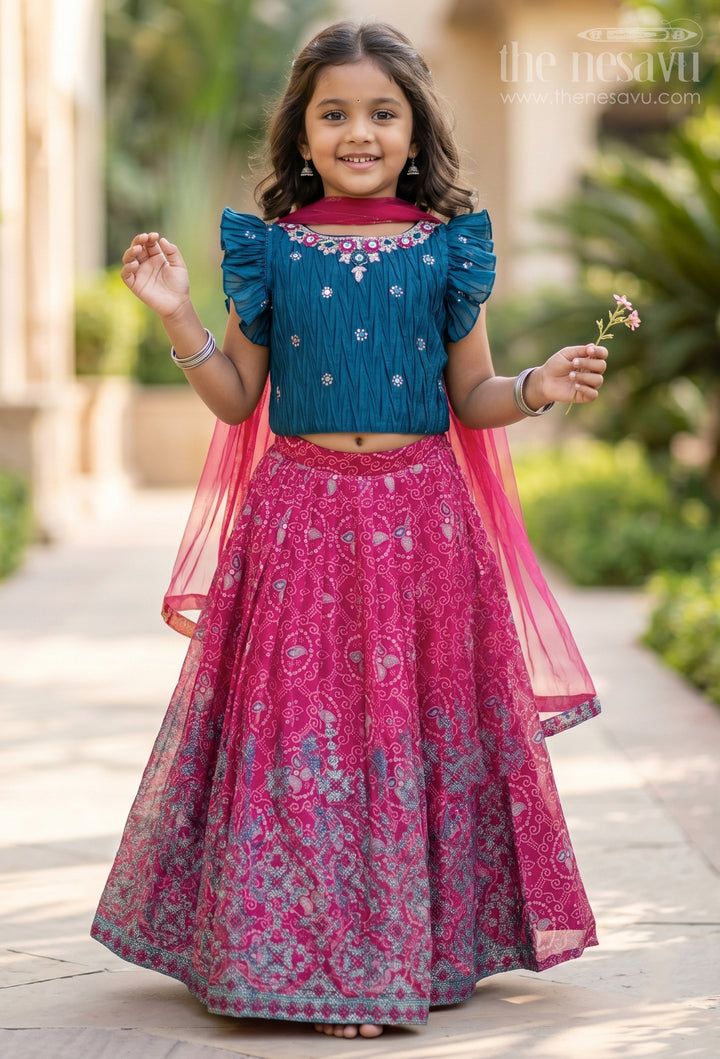 The Nesavu Girls Lehenga Choli Charming Dark Green Cute Embroidery Choli with Sequence Embroidered Lehenga for Girls Nesavu 16 (1Y) / Red / Chiffon GL323-16 Gorgeous Printed Lehanga Set | The Nesavu